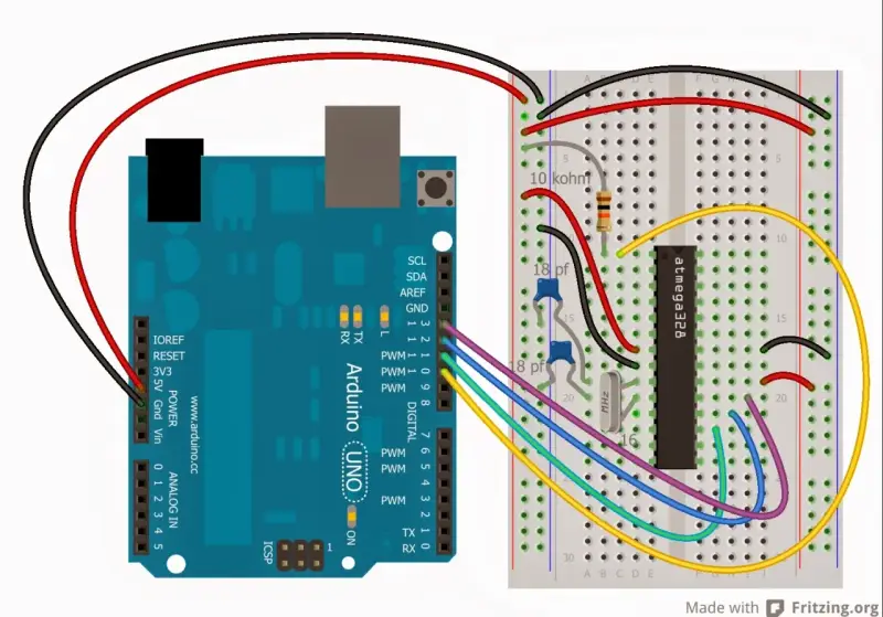 Arduino UNO collegato a breadboard con microcontrollore ATmega328. Un esempio di come si scrive sketch per elettronica.